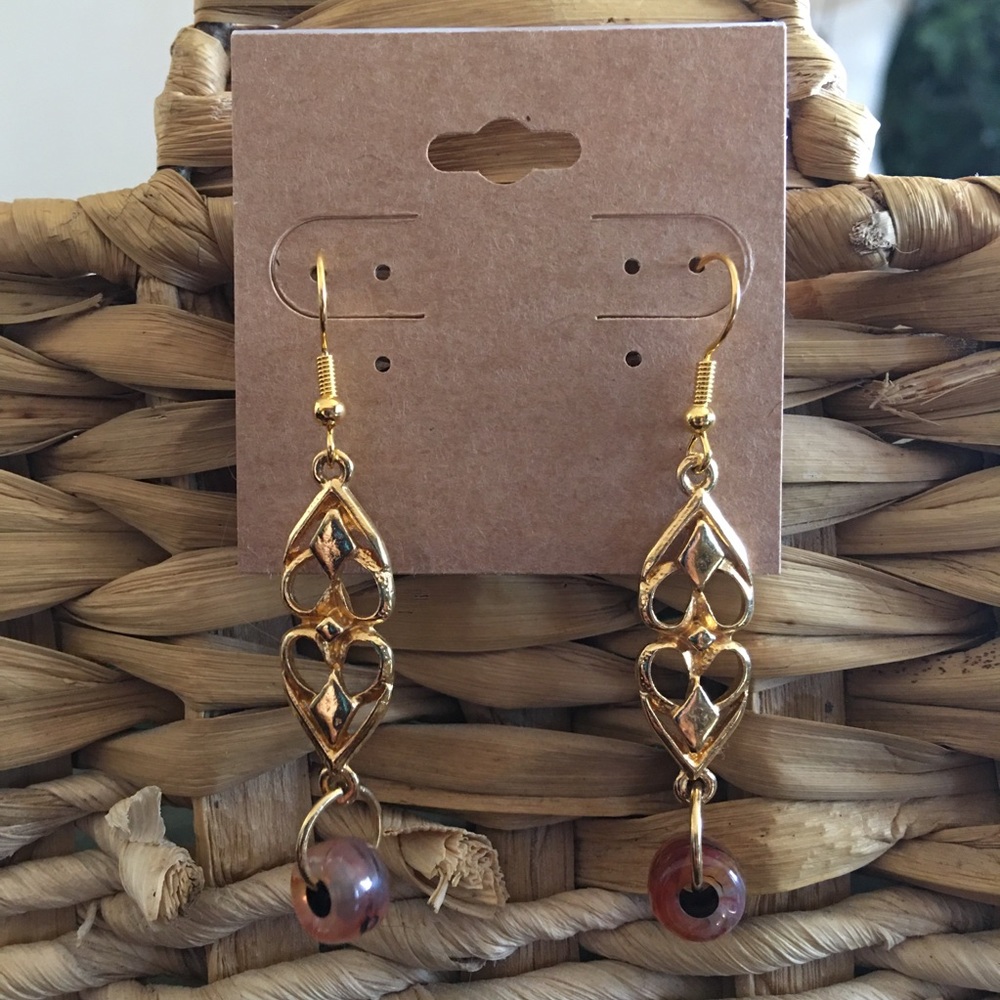Heart filigree design glass bead drop earrings